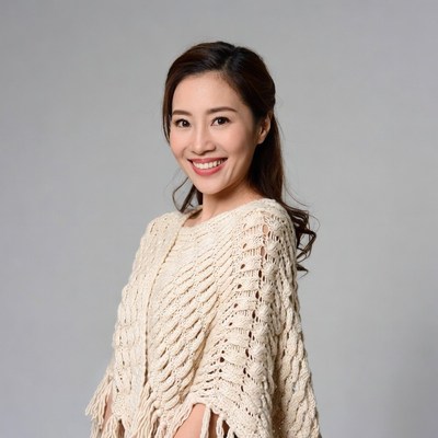 Asian woman in knitted poncho