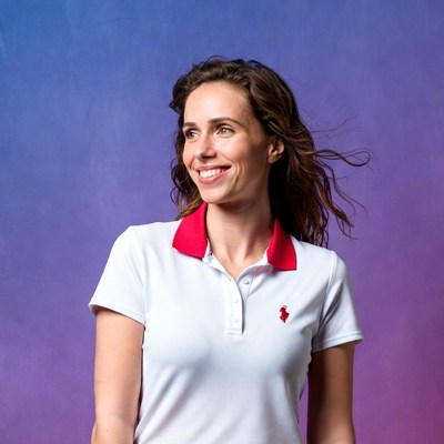 Smiling woman in white polo shirt