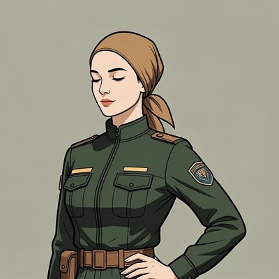 Muslim woman in green military uniform