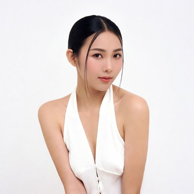 Asian woman in white halter dress