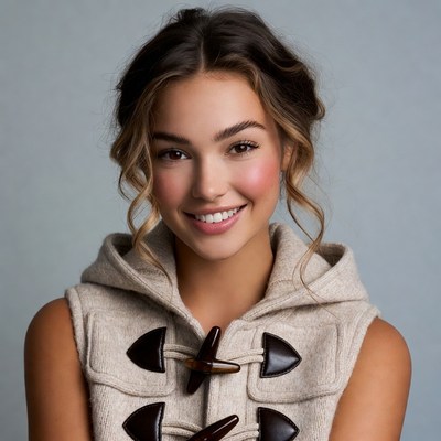 Smiling woman in beige hoodie