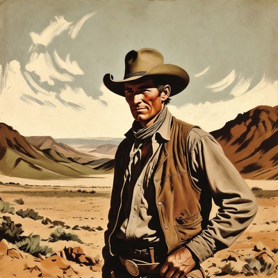 Cowboy standing in desert landscape