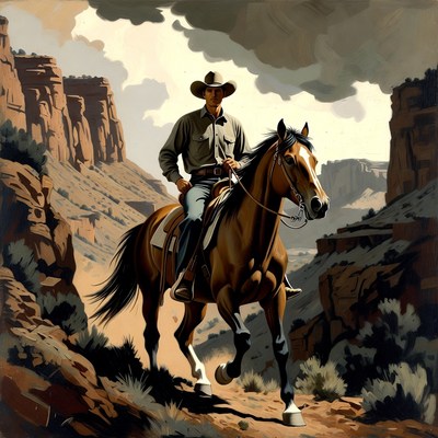 Cowboy riding horse in canyon