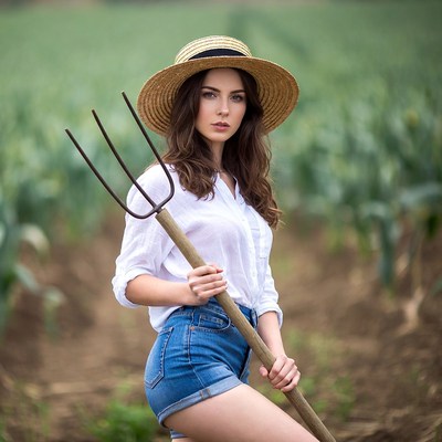 Woman holding pitchfork in field