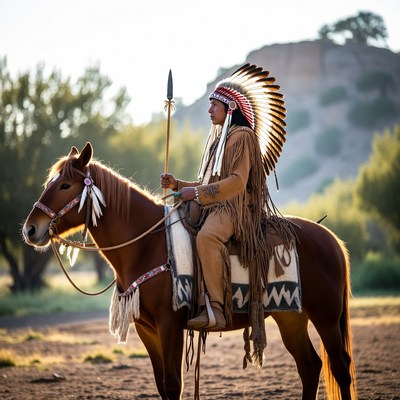 Native American man on horse with spear