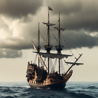 Pirate Ship Sailing Stormy Ocean