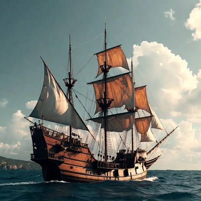 Sailing Galleon Ship on Ocean