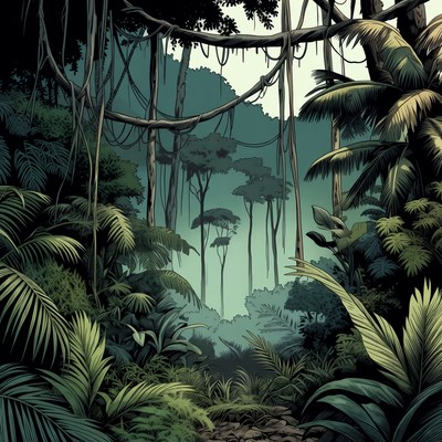 Dense Jungle with Vines and Trees
