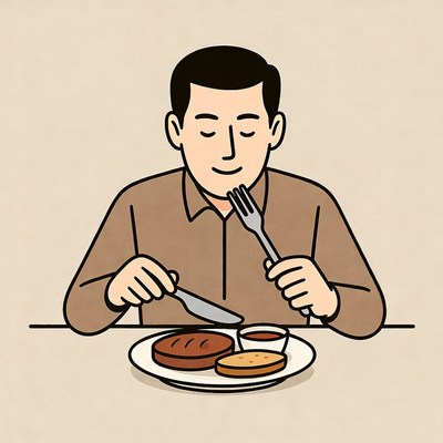 Man eating steak with fork and knife