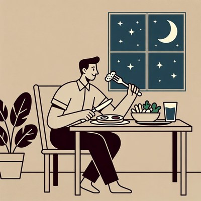 Man eating dinner by starry window