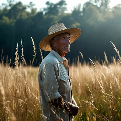 Elderly man in straw hat field