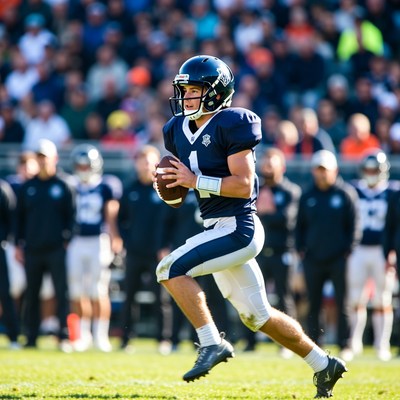 Football quarterback running with ball
