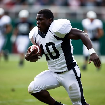 African-American football player running with ball