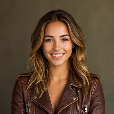 Smiling woman in leather jacket