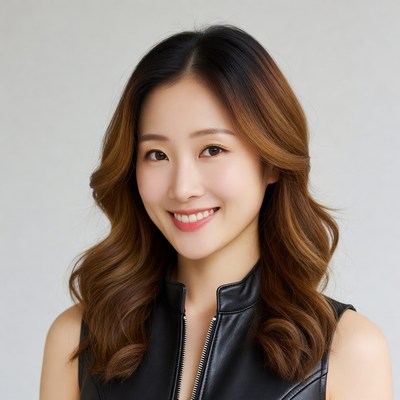 Asian woman smiling in leather top