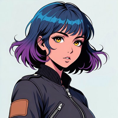 Anime girl with blue hair and leather jacket