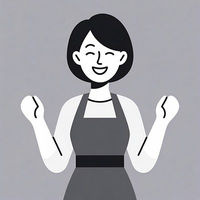 Happy woman in apron raising arms