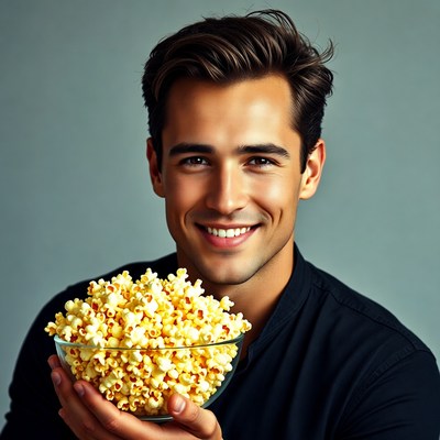 Handsome man holding popcorn