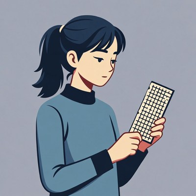 Asian woman holding crossword puzzle