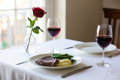 Steak Dinner with Red Wine and Rose