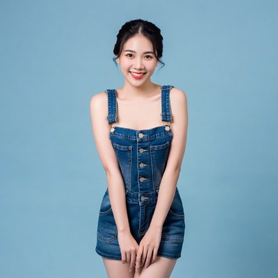 Asian woman in denim overalls