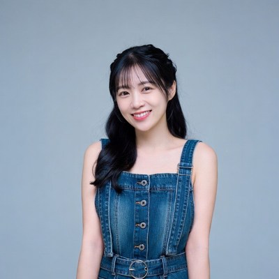 Asian woman in denim overalls smiling