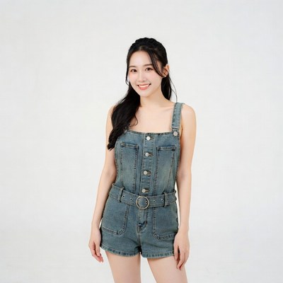 Asian woman in denim overalls