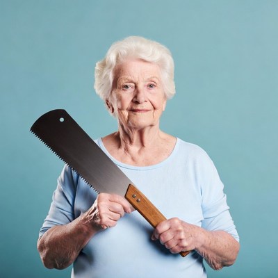 Elderly woman holding handsaw