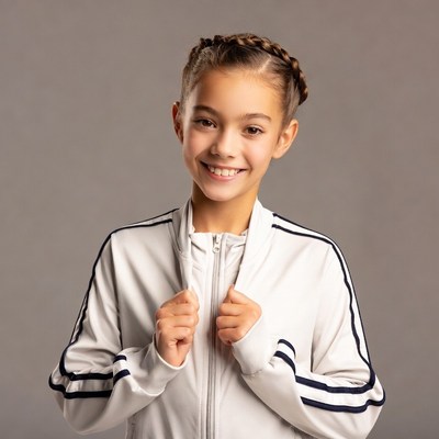 Girl smiling in white track jacket