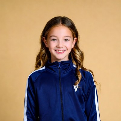 Smiling girl in navy track jacket