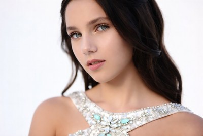 Woman in beaded dress closeup