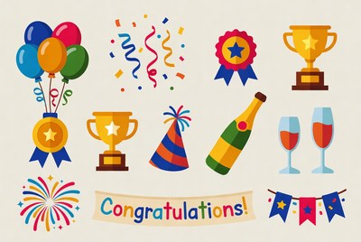 Colorful Congratulations Clipart with Balloons Trophies