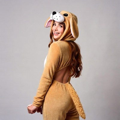 Woman in brown dog onesie costume