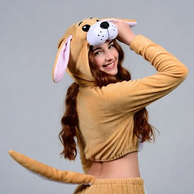 Girl in brown dog onesie costume