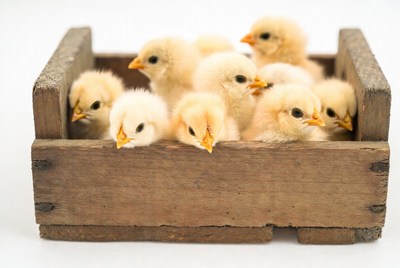 Chicks in wooden crate