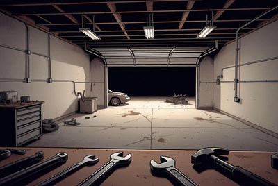 Tools on workbench in empty garage