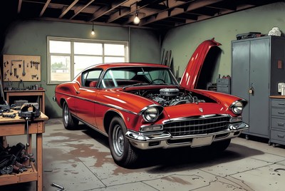 Red Classic Muscle Car in Garage