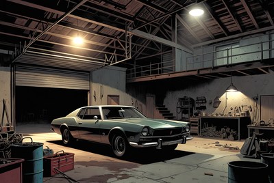 Vintage Green Car in Garage