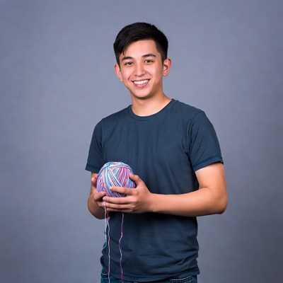 Asian young man holding yarn ball