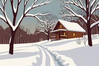 Snowy Wooden Cabin in Winter Forest