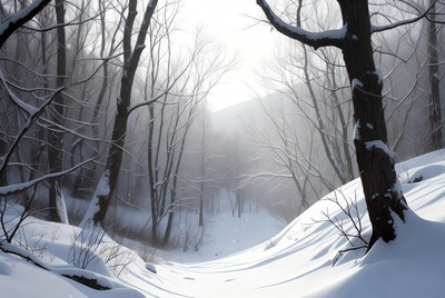 Snowy Forest Path with Bare Trees