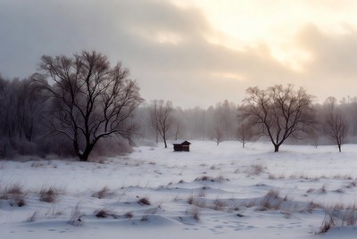 Snowy Field with Cabin and Bare Trees