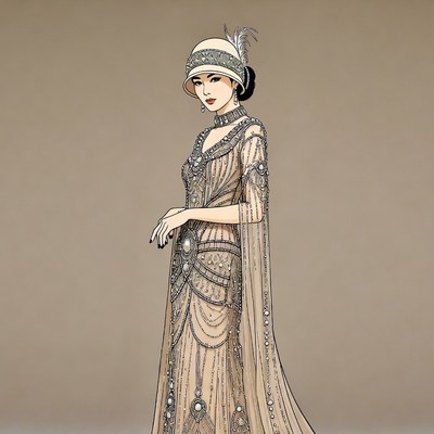 Asian woman in 1920s beaded flapper dress