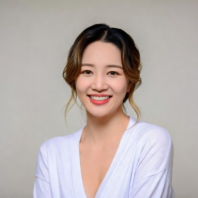 Asian woman smiling in white blouse