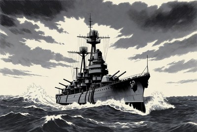 Battleship sailing through stormy ocean