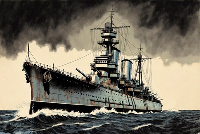 Battleship sailing through stormy ocean