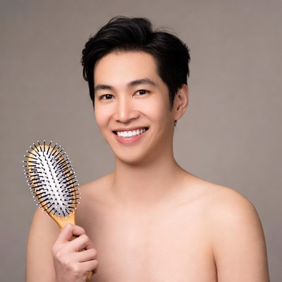 Asian man holding wooden hairbrush
