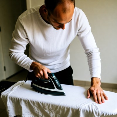 Man ironing white shirt