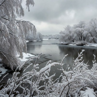 Snowy Trees Along Frozen River