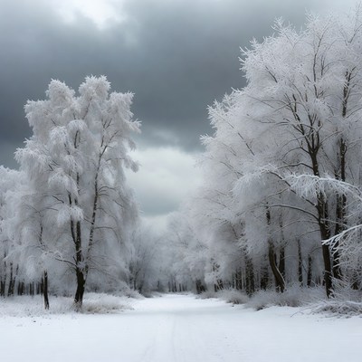 Frost-covered birch trees snowy path
